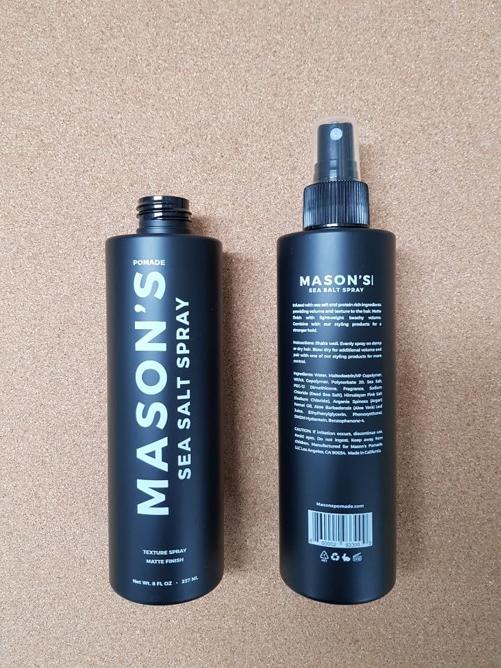 Mason’s Pomade Sea Salt Spray on dry hair adds light texture.