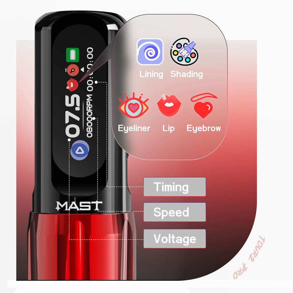 MAST TATTOO Tour2 Pro smart screen displays modes at a glance