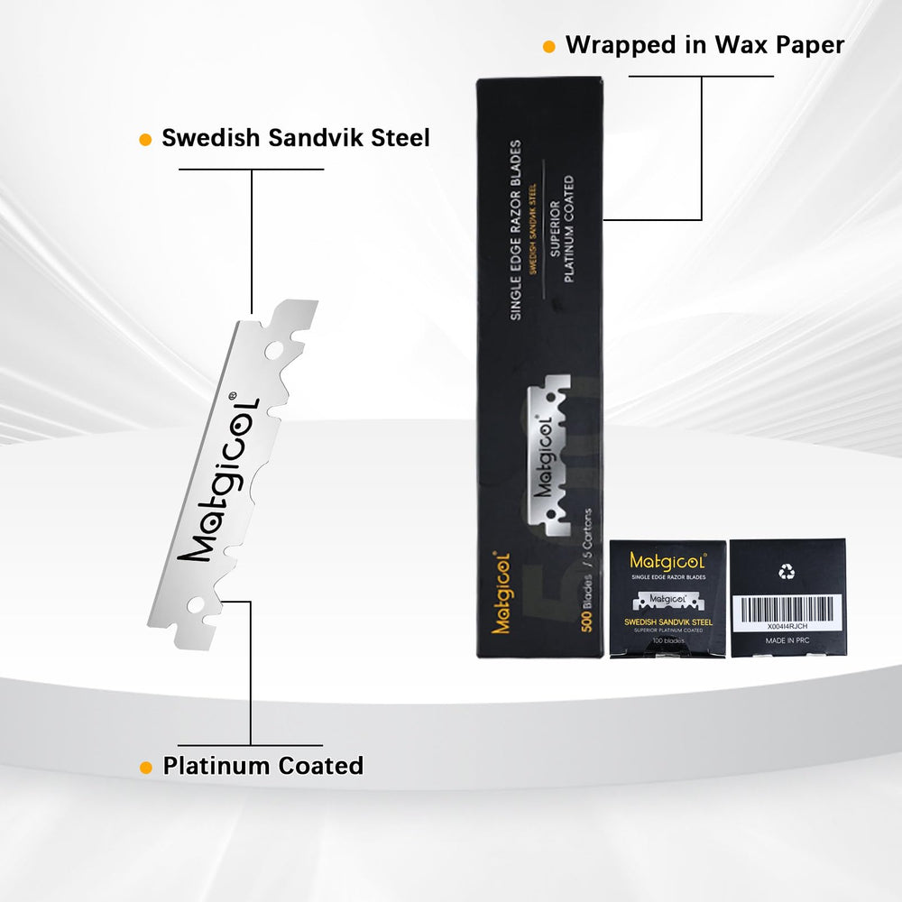 MATGICOL 500-count packaging highlighting bulk value for barbershop-grade blades.