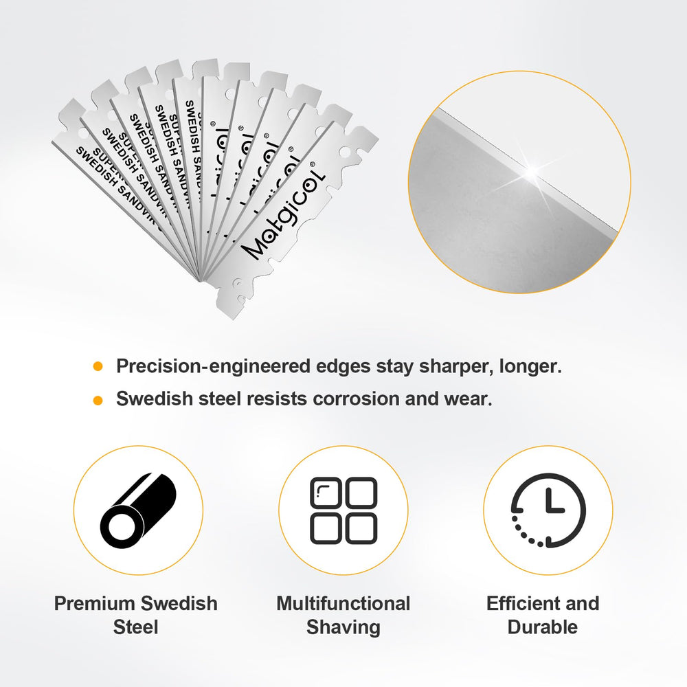 MATGICOL coated edges reduce friction for comfortable shaving.