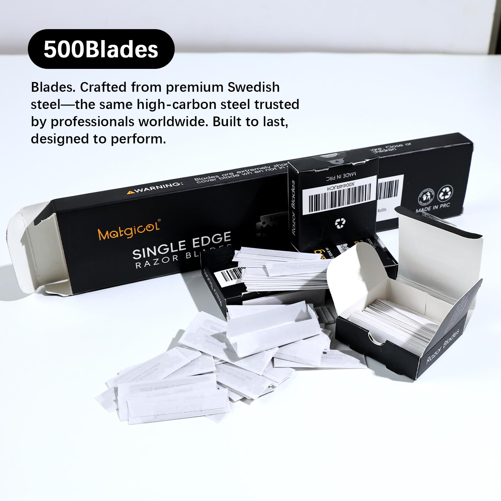 MATGICOL Swedish stainless steel blades emphasizing sharpness and durability.