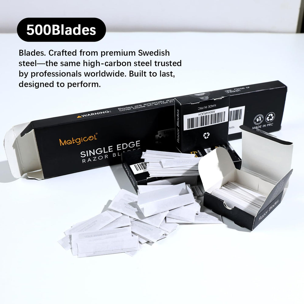 MATGICOL Swedish stainless steel blades emphasizing sharpness and durability.