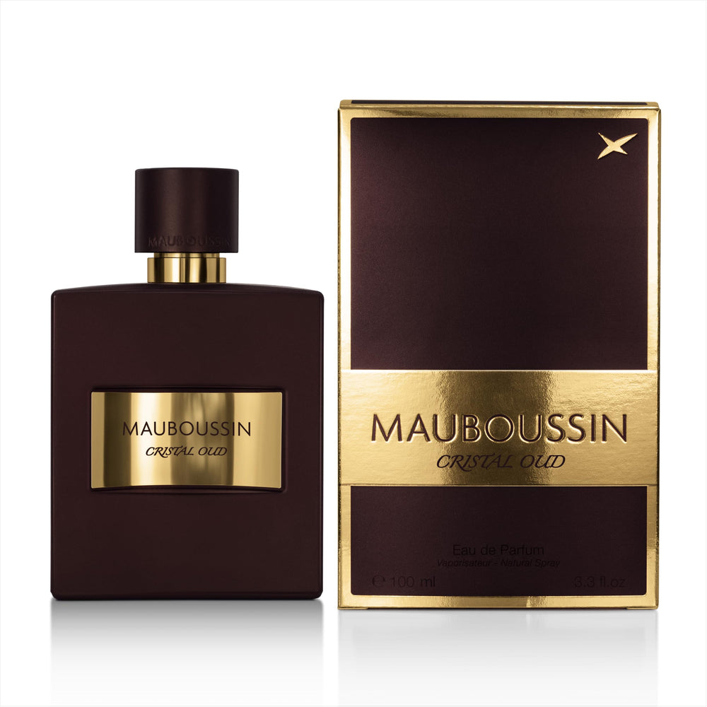 Mauboussin Pour Lui Crystal Oud bottle on display, ideal for evening wear.