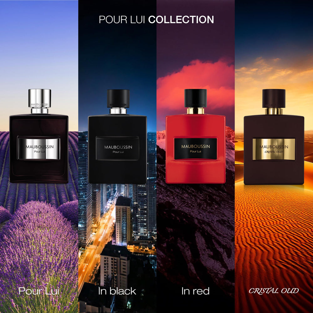Mauboussin Pour Lui Crystal Oud elegant flacon captures oriental fragrance journey.