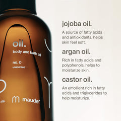MAUDE Oil No. 0 ingredient panel highlights coconut, argan, and jojoba oils