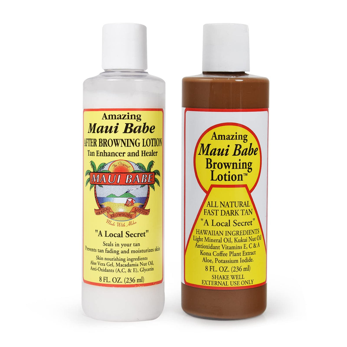Maui Babe before and after browning lotion bottle in a 2-pack for extended tan.