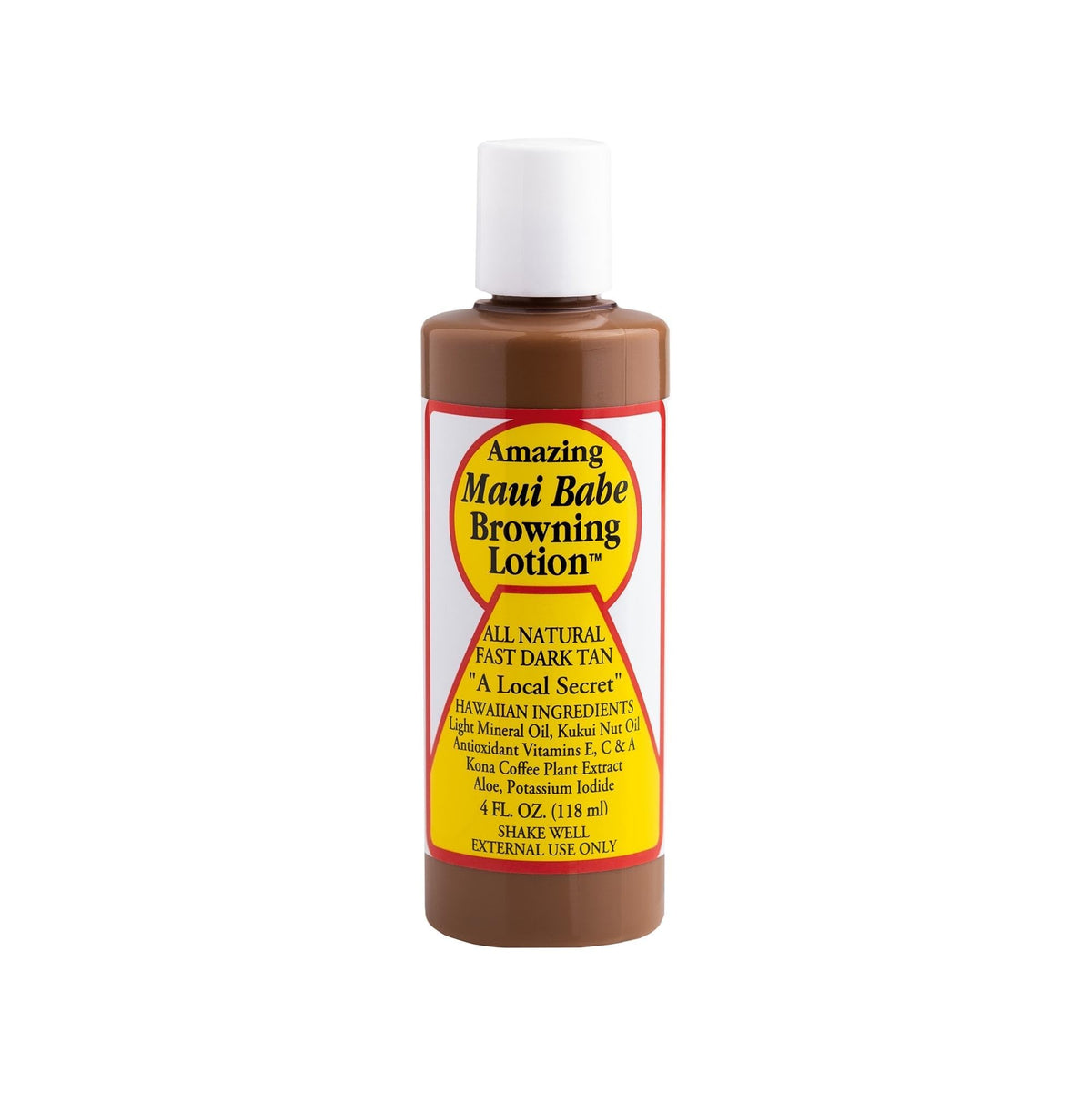 Maui Babe Browning Lotion bottle for a natural, fast dark tan with waterproof wear