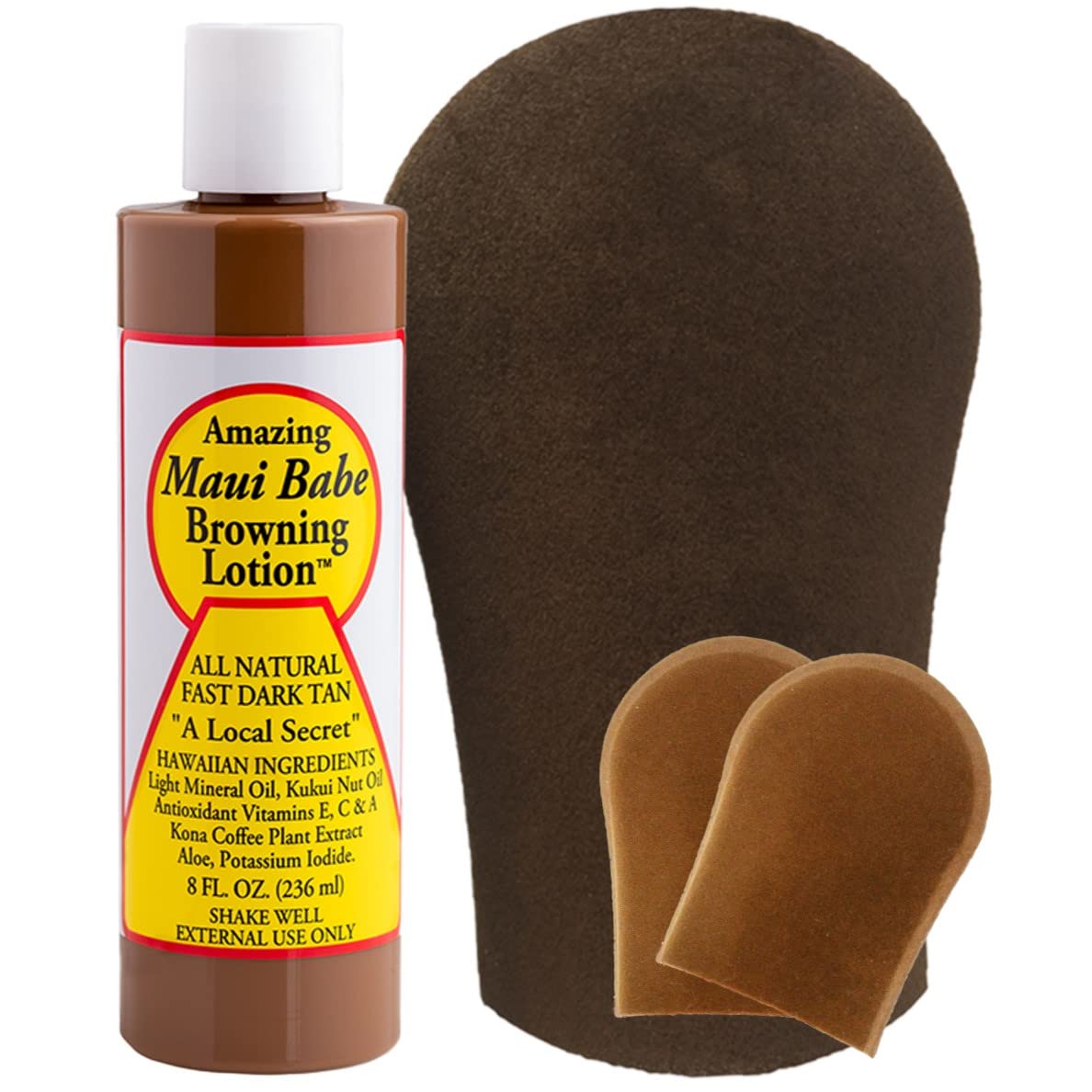 Maui Babe Browning Lotion bottle shows deep tan potential with island inspired formula.