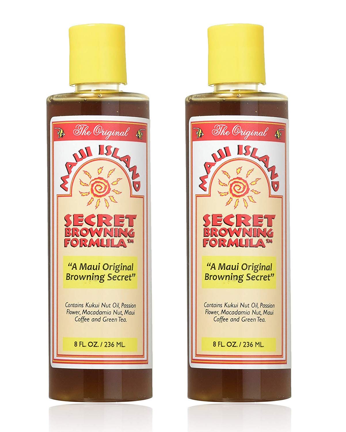 Maui Island Secret Browning Formula bottle highlights a fast, deep tan with minimal sun exposure.