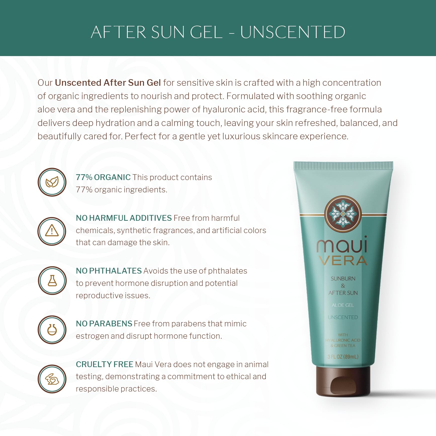 Maui Vera After Sun Gel unscented texture close-up highlights aloe hydration for sensitive skin.
