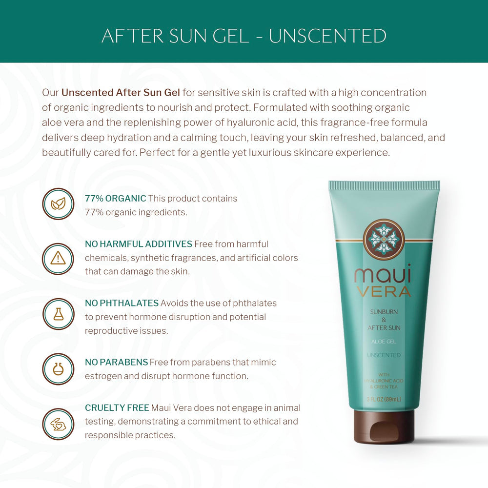 Maui Vera After Sun Gel unscented texture close-up highlights aloe hydration for sensitive skin.