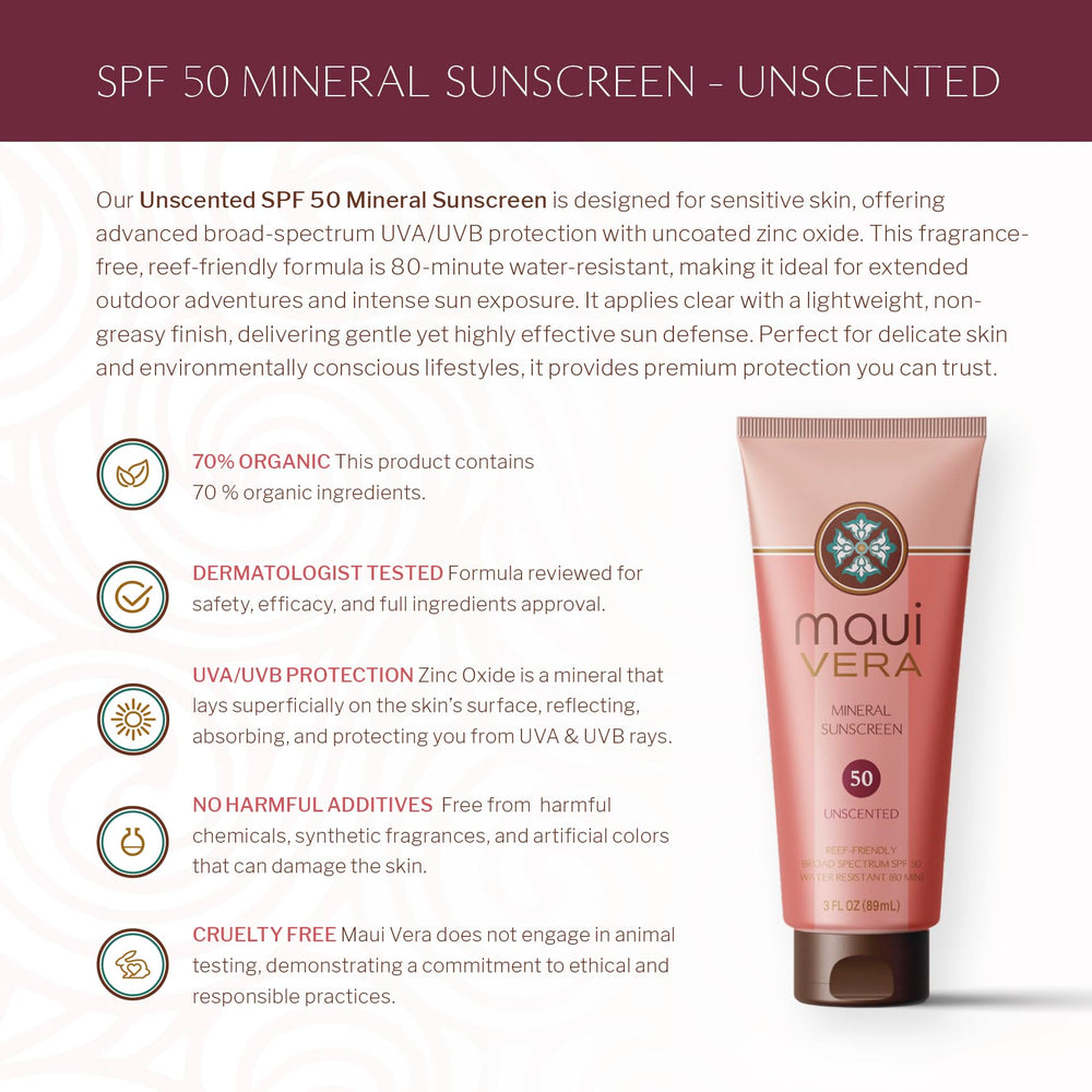 Maui Vera SPF 50 packaging highlights reef-friendly mineral protection
