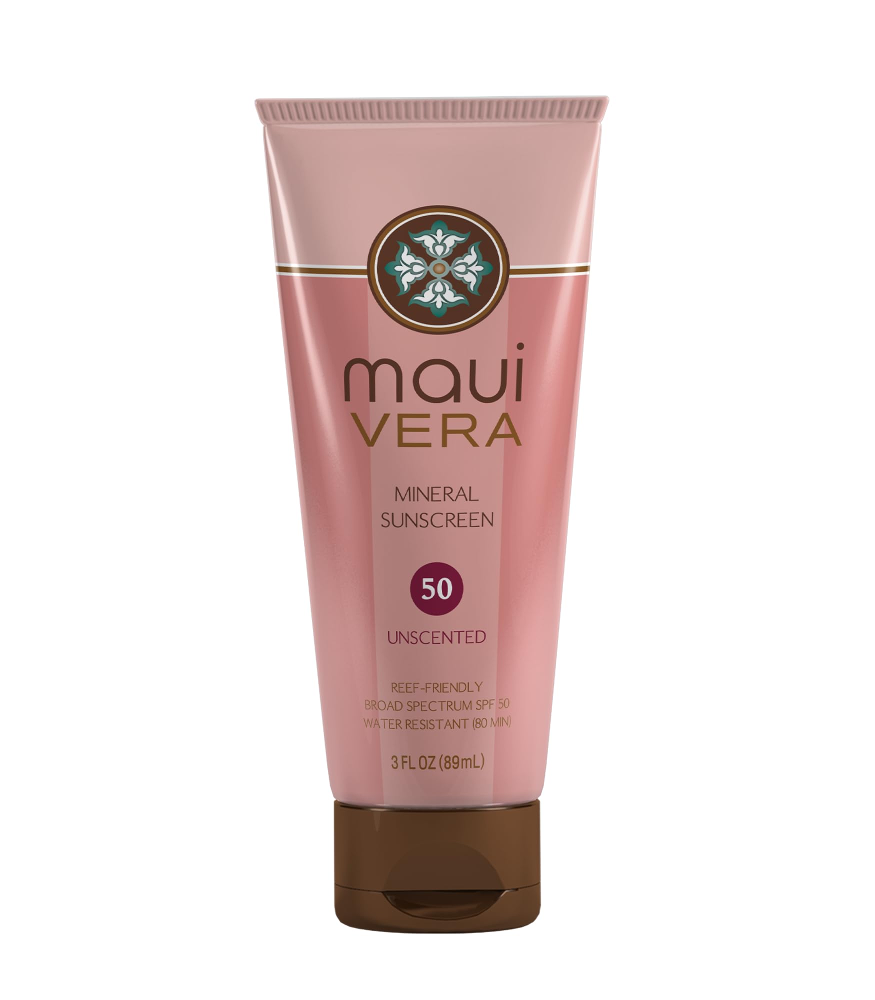 Maui Vera SPF 50 Unscented sunscreen bottle for sensitive skin with a clear finish