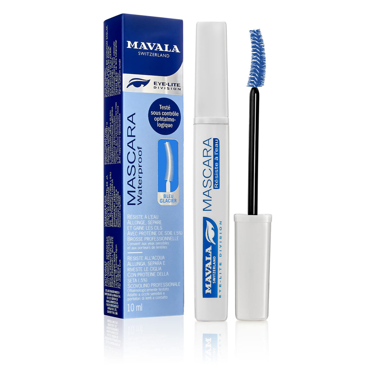 MAVALA waterproof Glacier Blue mascara bottle shows durable lash definition for all-day wear.