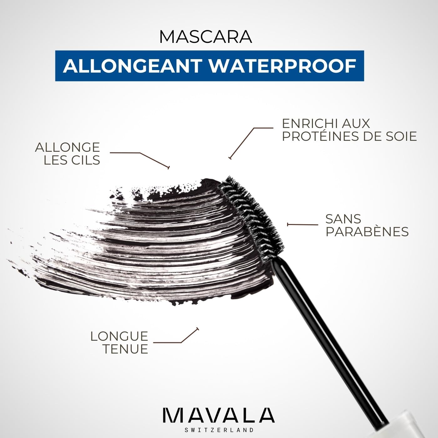 MAVALA waterproof wand in action demonstrates smudge-resistant color on lashes.