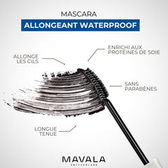 MAVALA waterproof wand in action demonstrates smudge-resistant color on lashes.