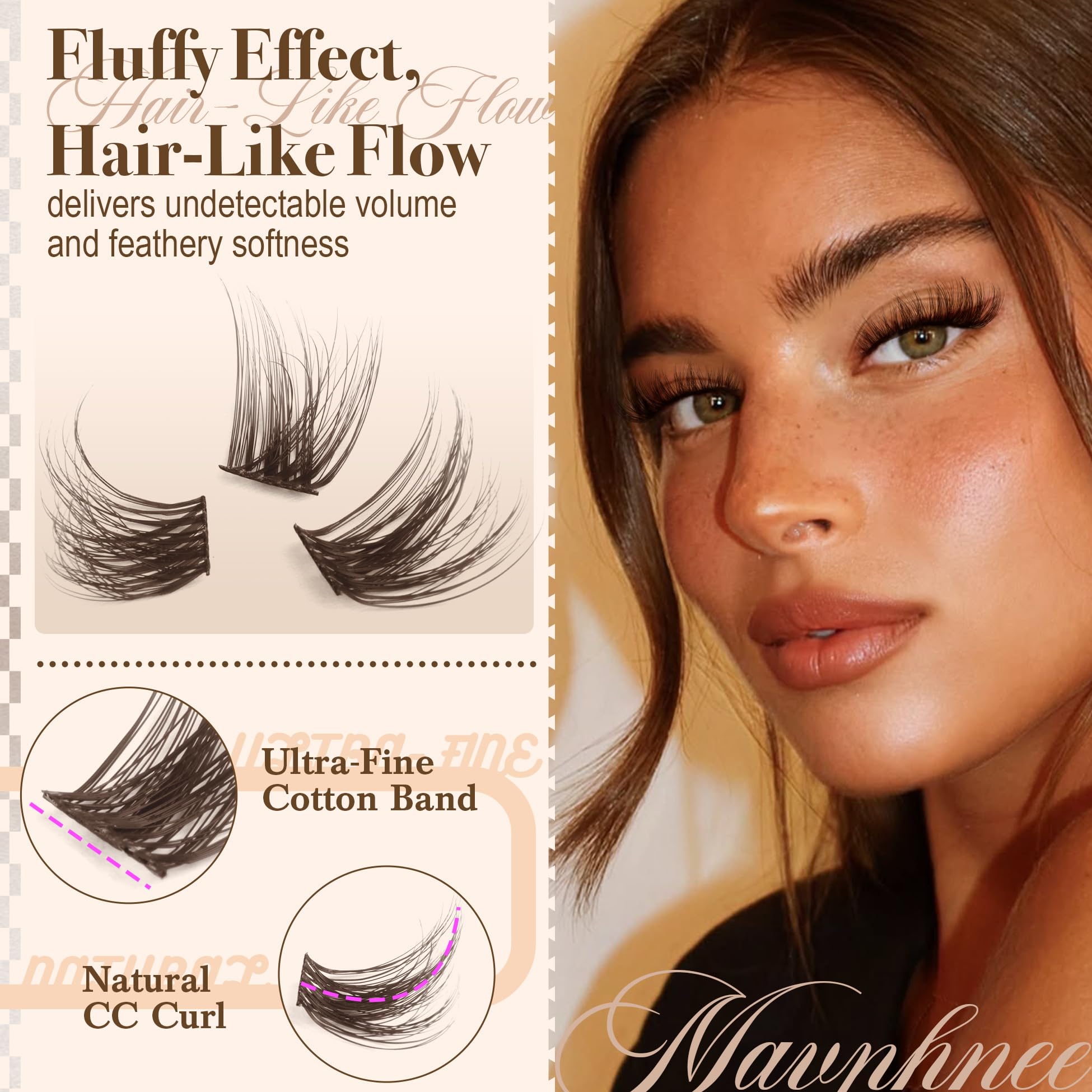 Mavphnee brown cc-curl clusters blend with natural lashes for a warm, lifted look