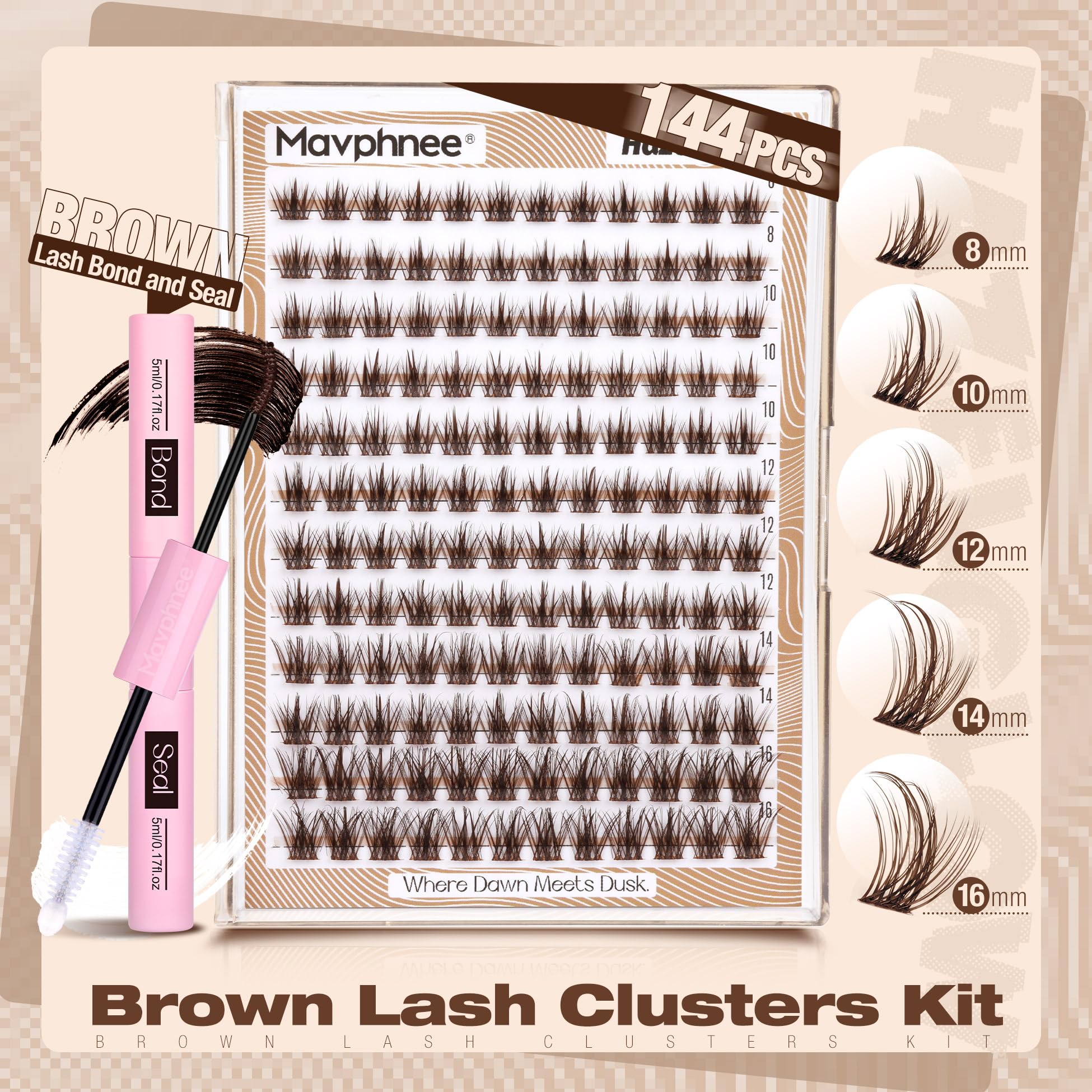 Brown lash bond blends invisibly with clusters for a matte, long-lasting hold.