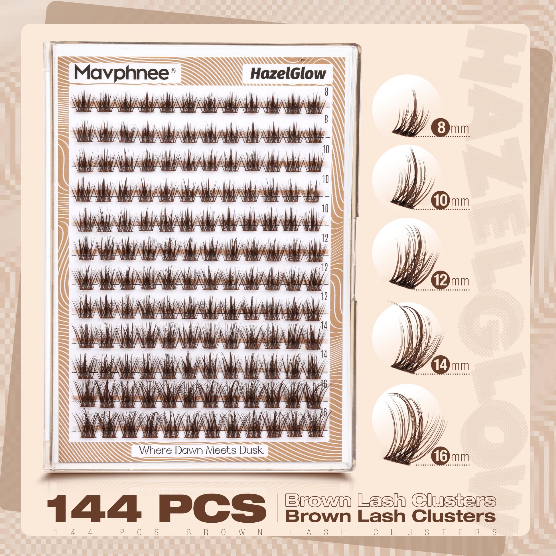 Mavphnee brown lash clusters 12mm mid-lid layered look with gentle lift.