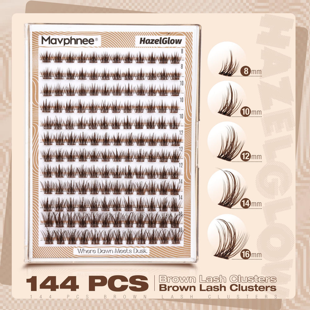 Mavphnee brown lash clusters 12mm mid-lid layered look with gentle lift.