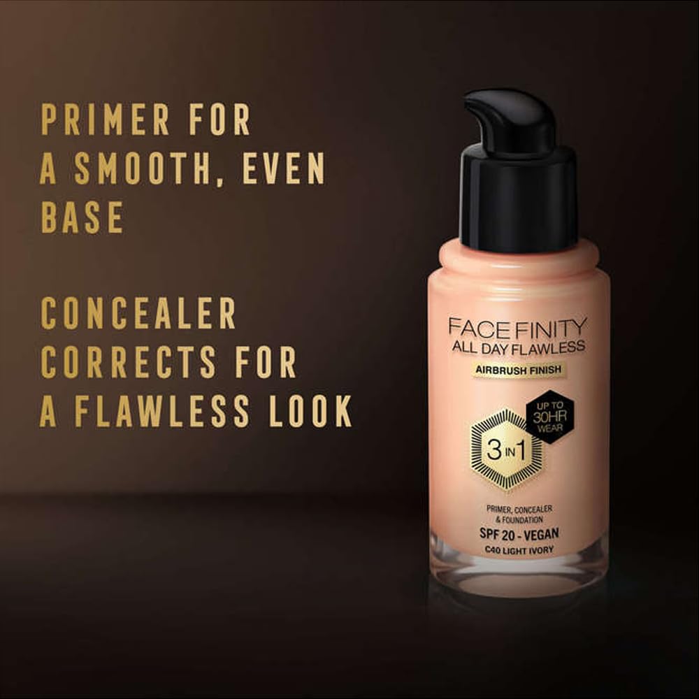 Facefinity bottle with swatch and SPF label signaling all-day wear