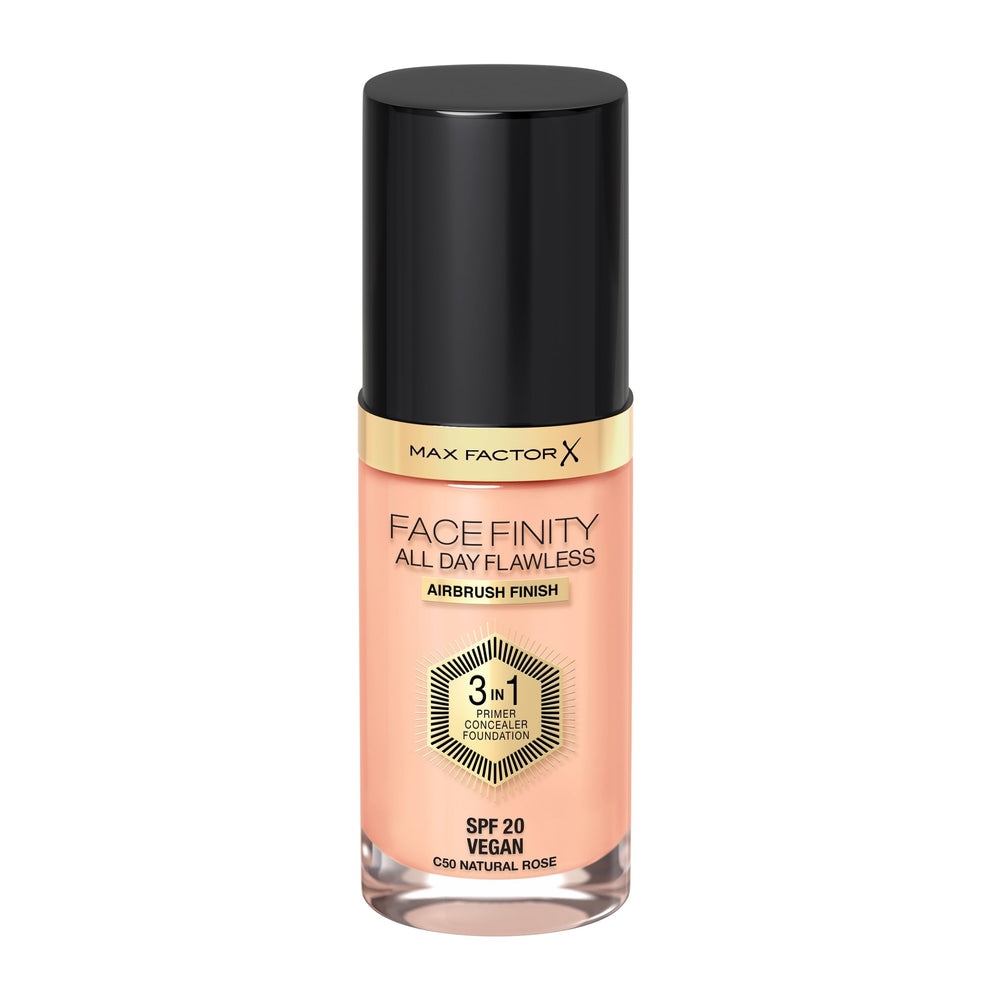 Max Factor Facefinity 3in1 foundation bottle with pump for all-day wear.