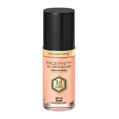 Max Factor Facefinity 3in1 foundation bottle with pump for all-day wear.