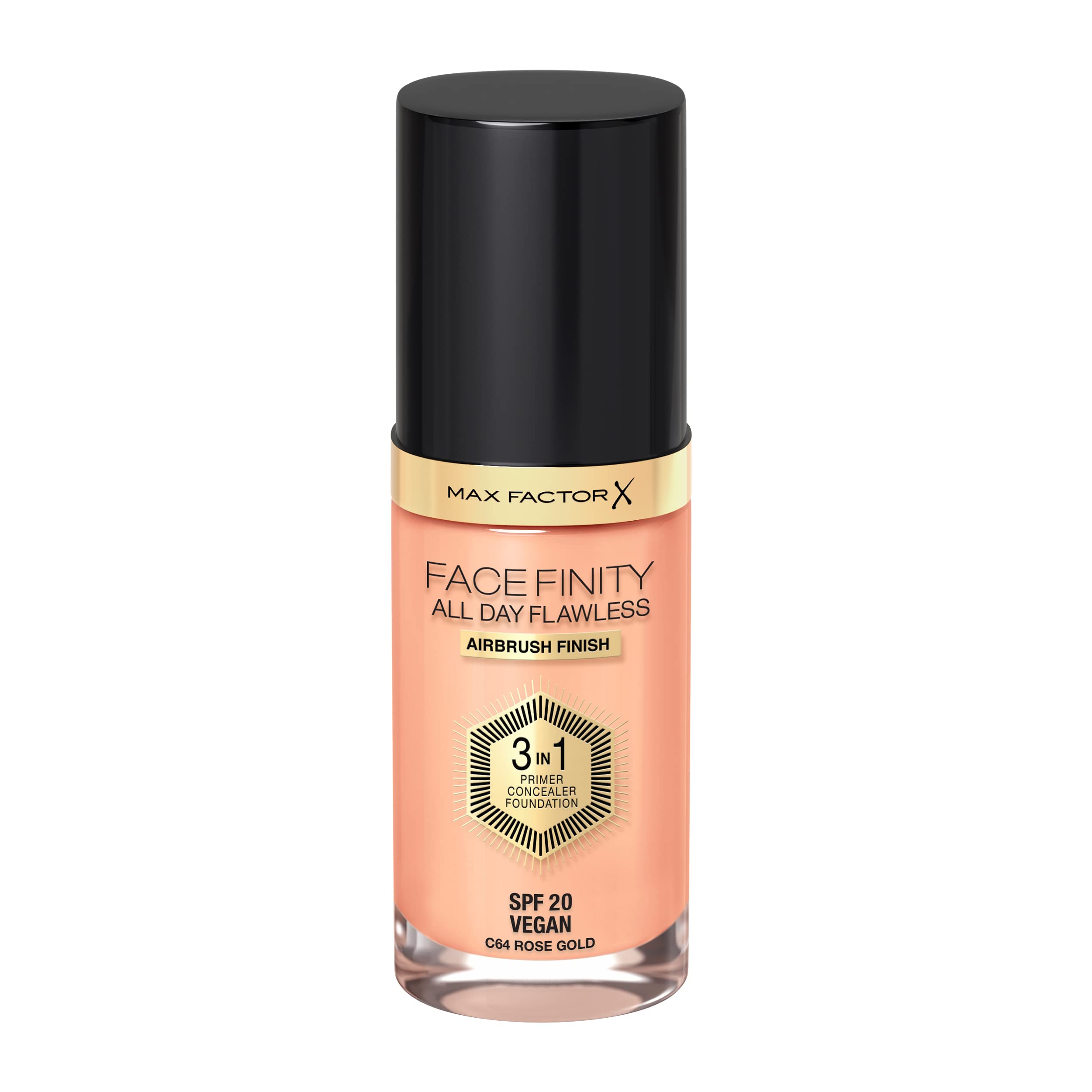 Max Factor Facefinity bottle pump-action demonstrates mess-free, precise application