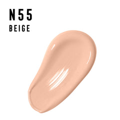 No. 55 Beige swatch demonstrates natural shade blend with skin.