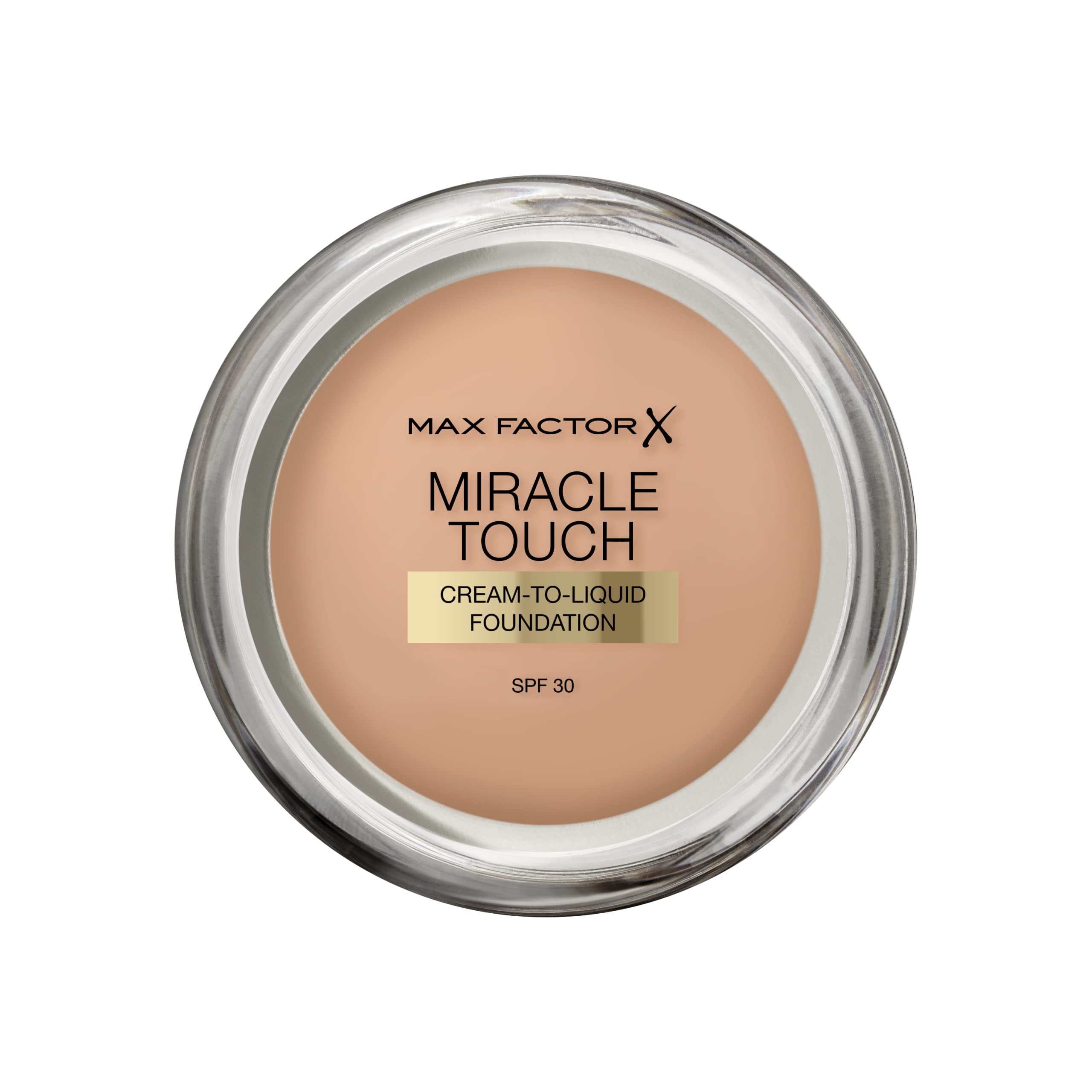 Max Factor Miracle Touch foundation bottle close-up, shade Golden 075, hydrates for a smooth base.