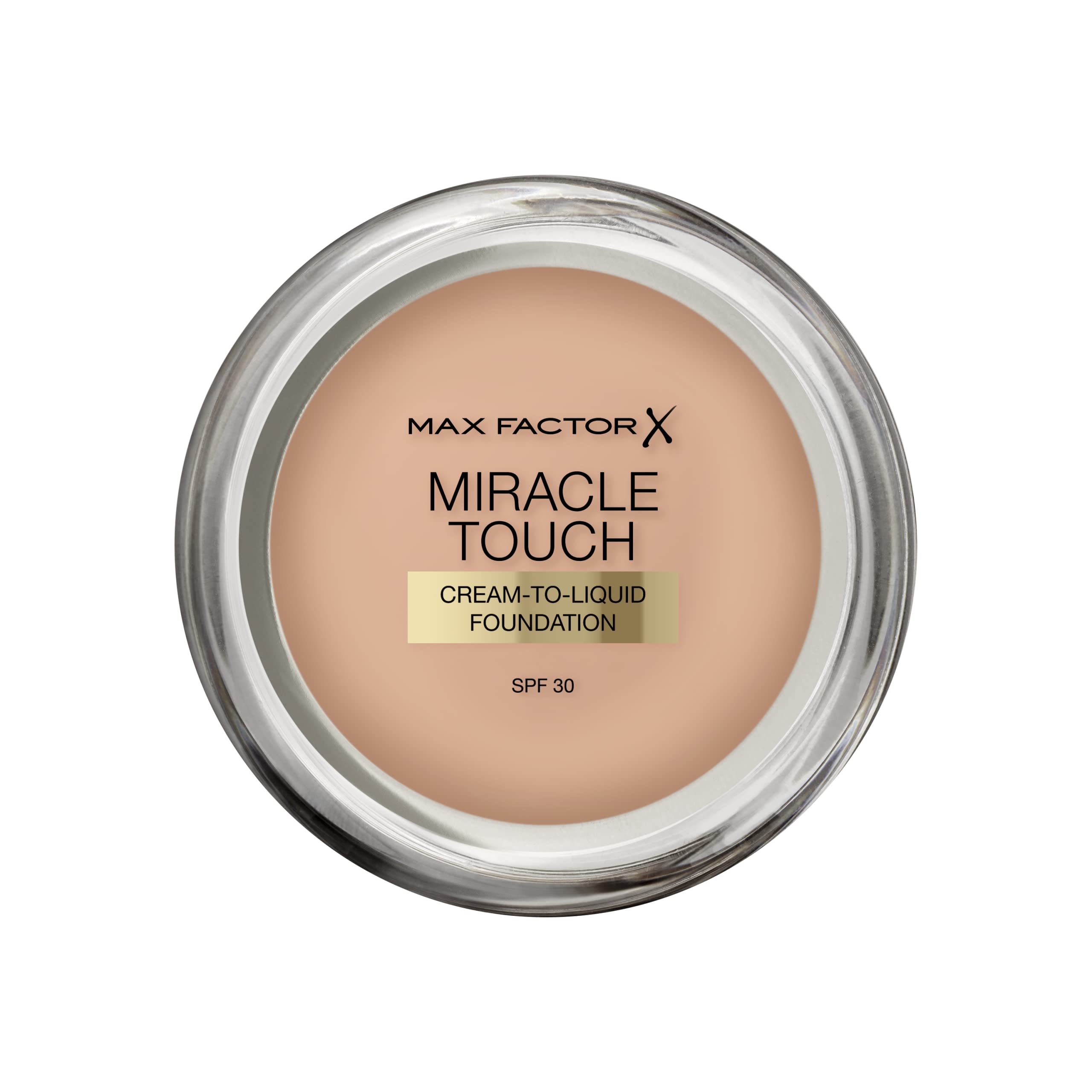Max Factor Miracle Touch foundation bottle close-up in Warm Almond for even complexion.