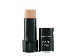 Max Factor Pan Stik 30 Olive swatches show warm olive shade.