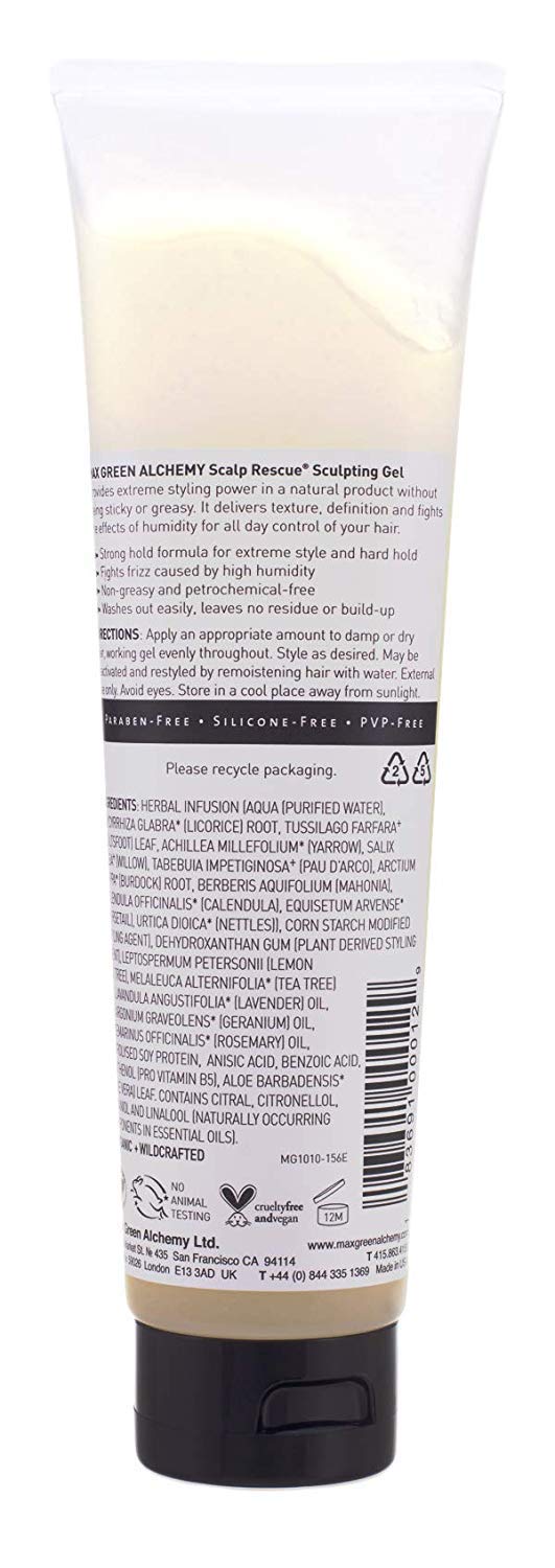 Max Green Alchemy MGA organic formula ingredients highlighting natural, lightweight styling benefits.