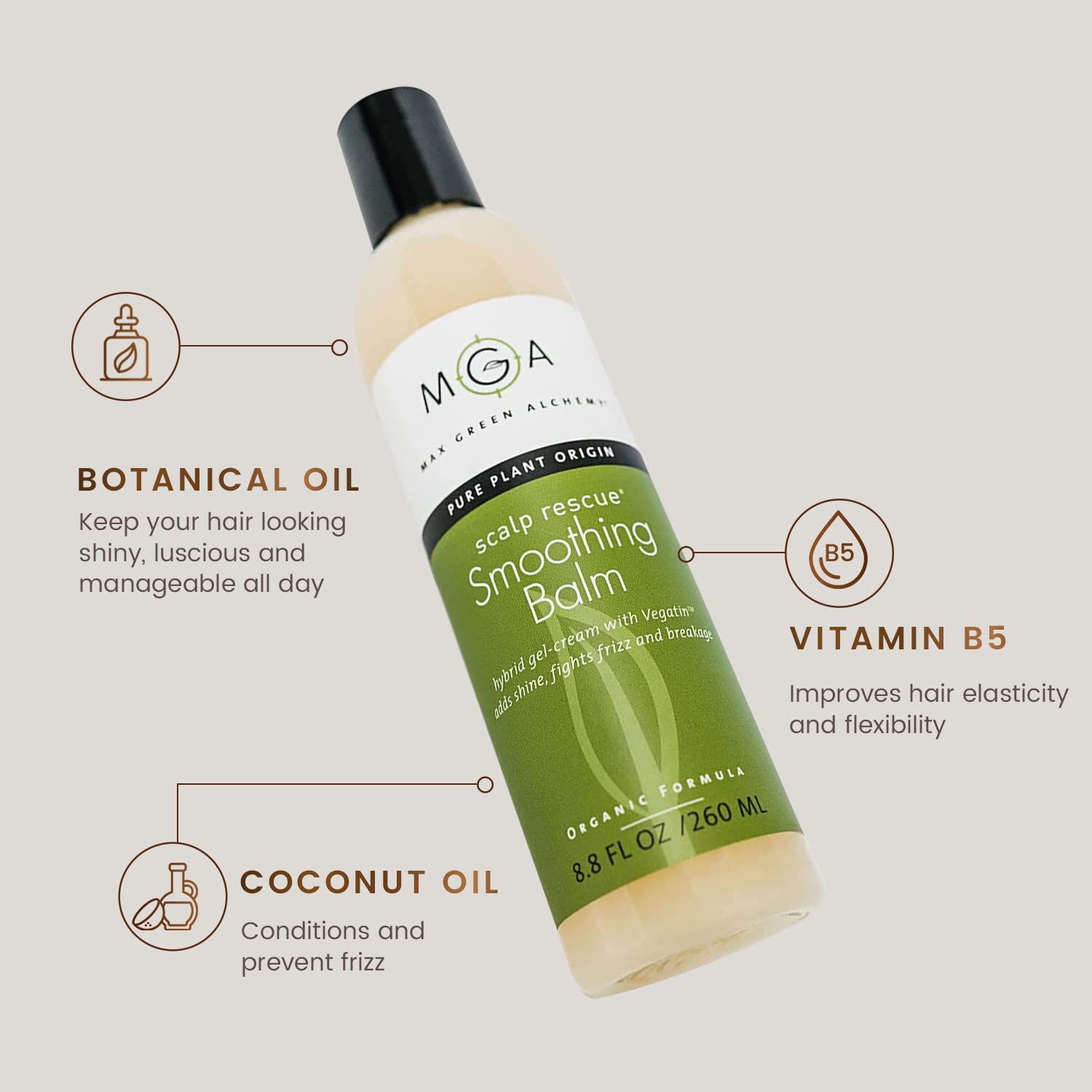 Max Green Alchemy MGA Vegan Hair Smoothing Balm with argan oil drops nourishes shine