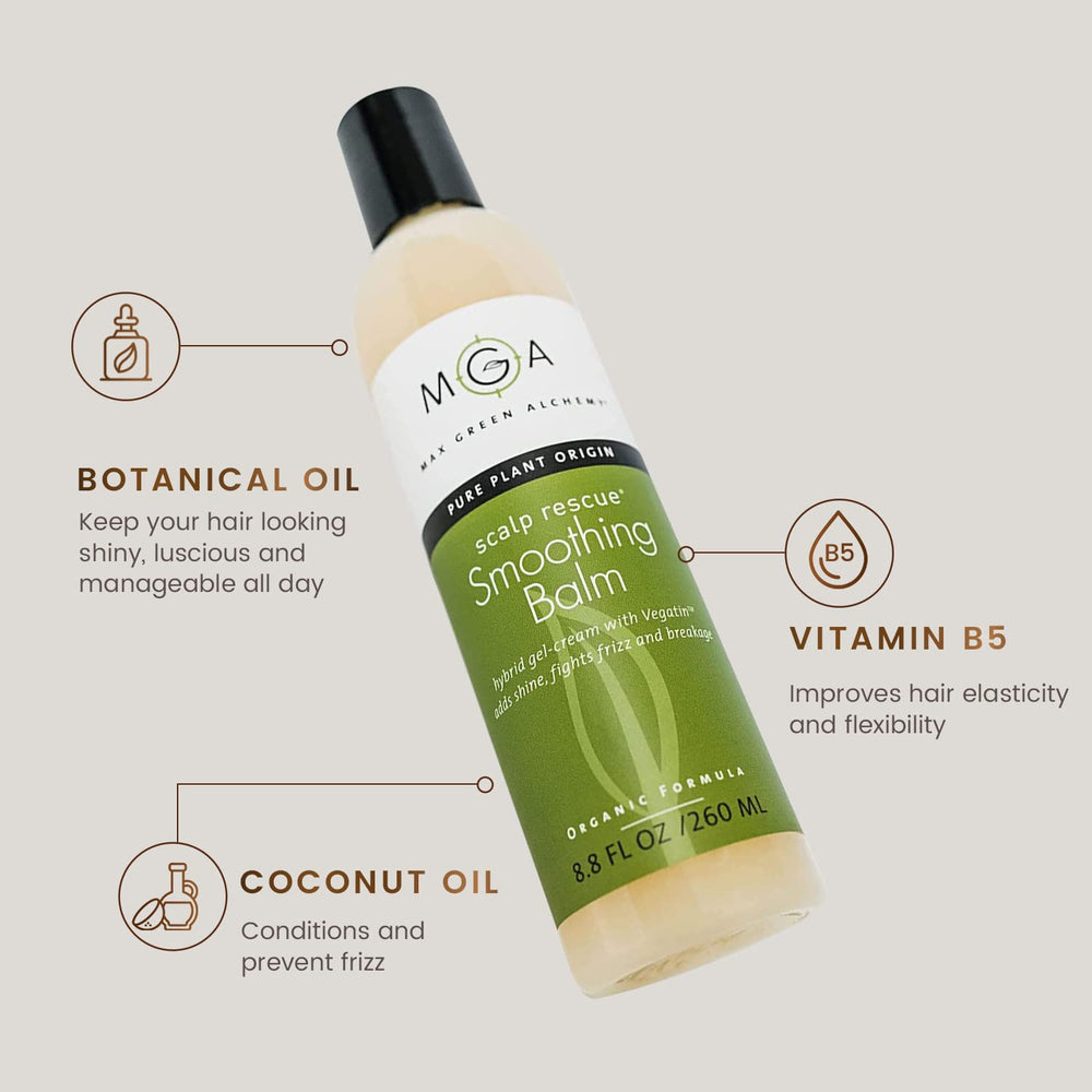 Max Green Alchemy MGA Vegan Hair Smoothing Balm with argan oil drops nourishes shine