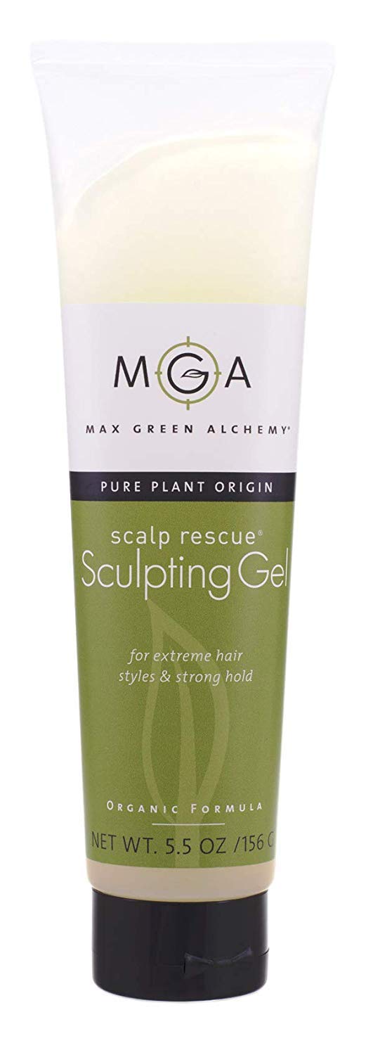 Max Green Alchemy MGA vegan sculpting hair gel bottle offers strong, flexible hold for all-day style.