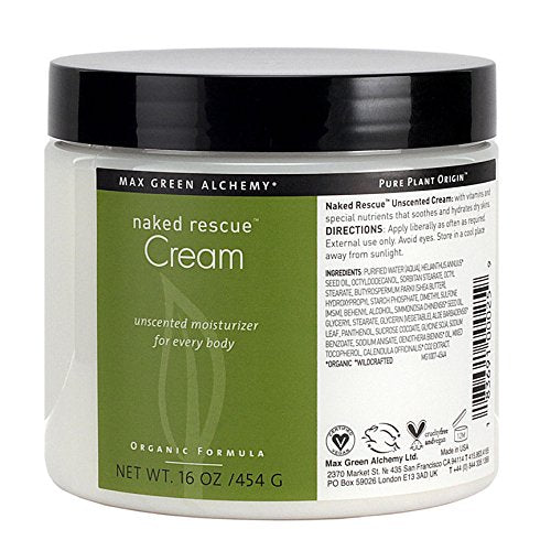 Max Green Alchemy Naked Rescue Unscented Cream jar, fragrance-free hydration for dry, sensitive skin.