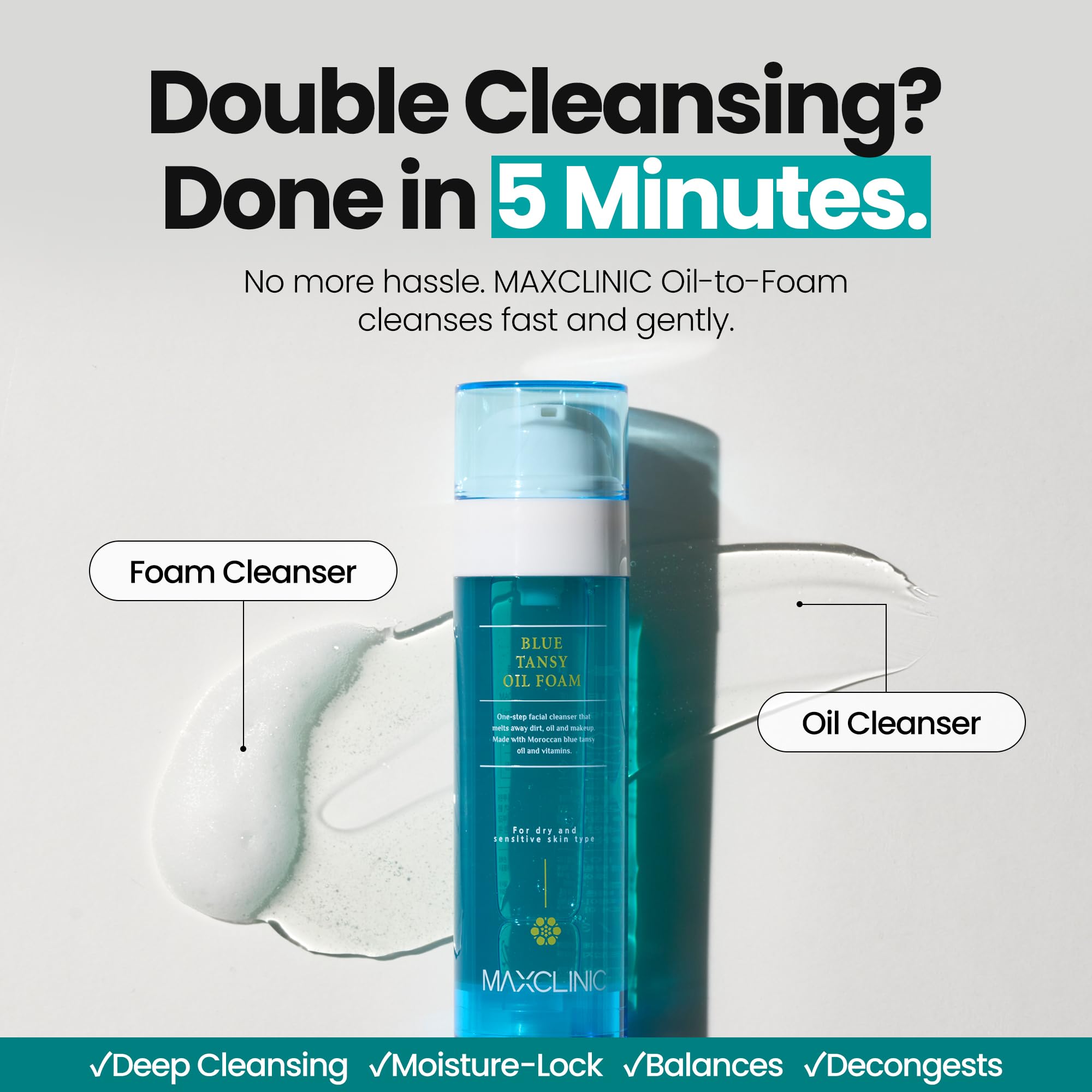 MAXCLINIC Blue Tansy oil-to-foam lather demonstrates makeup removal and impurity lift.