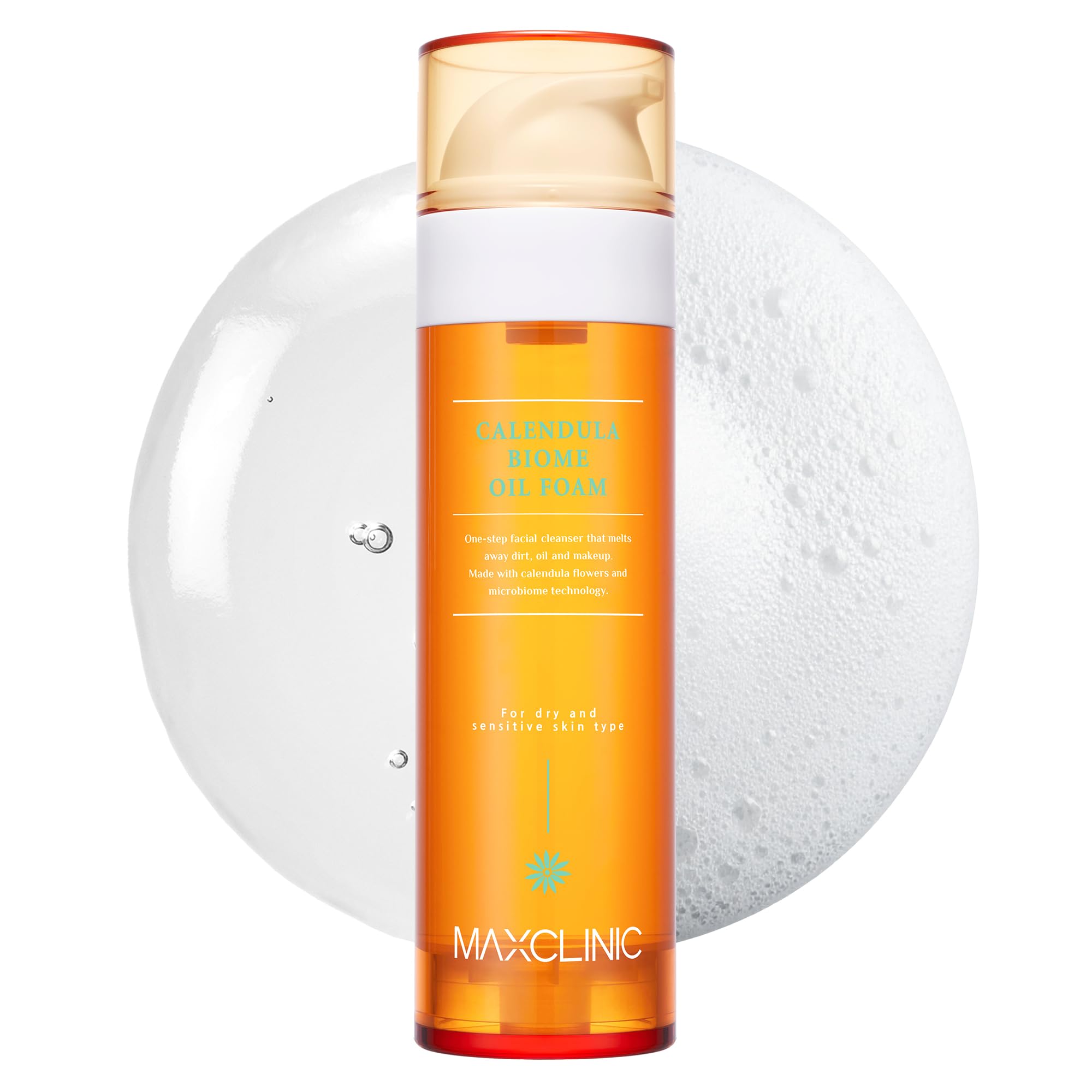 MaxClinic Calendula Biome Oil to Foam bottle pour shows soothing, gentle cleanse.