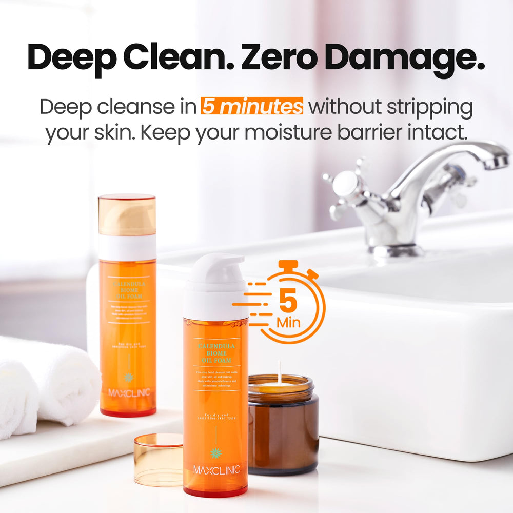 MaxClinic cleanser bottle shows all-skin-type suitability.