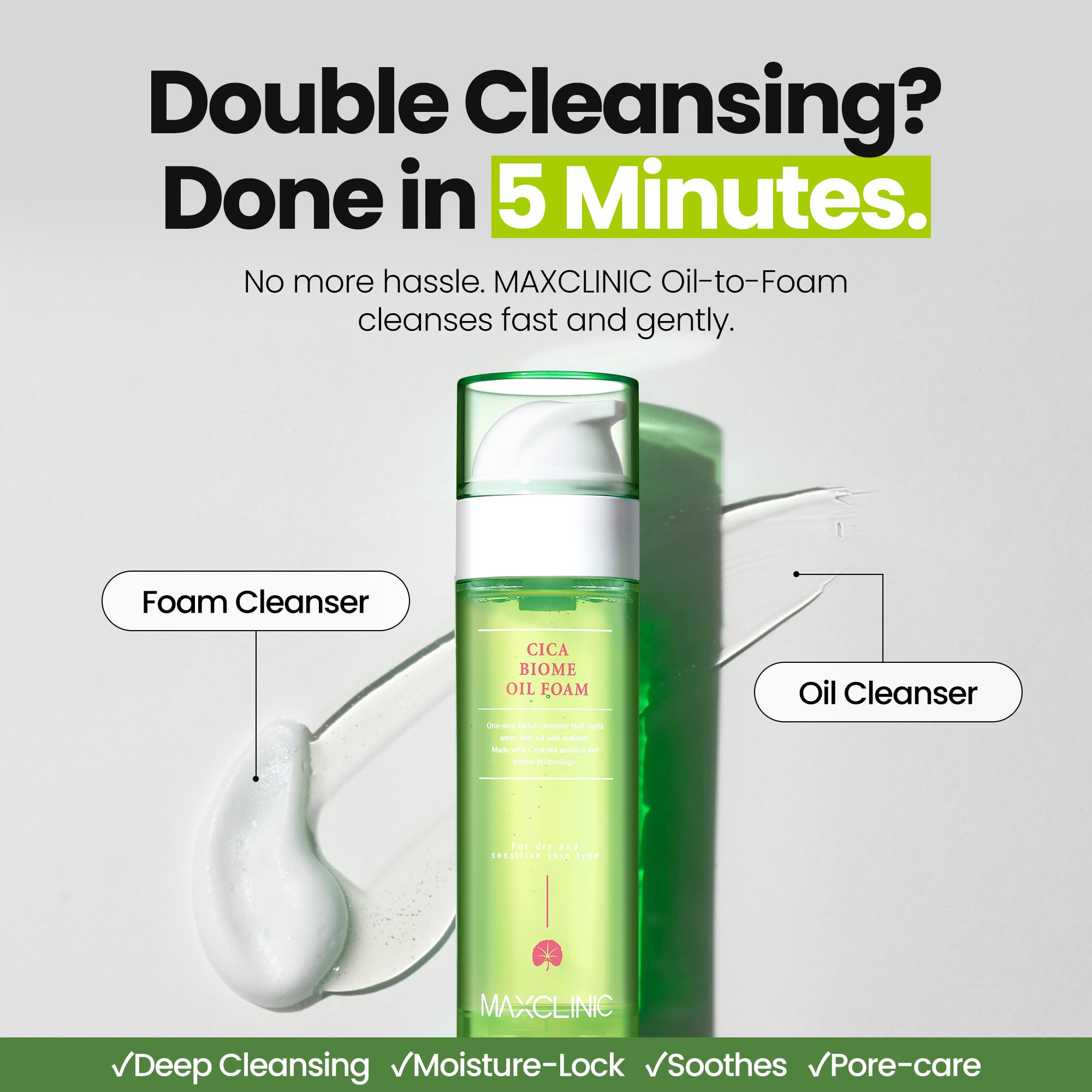MAXCLINIC Cica Biome Oil to Foam foaming transition shows hydrating cleanse