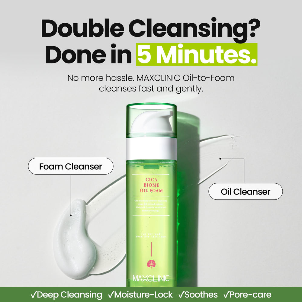MAXCLINIC Cica Biome Oil to Foam foaming transition shows hydrating cleanse