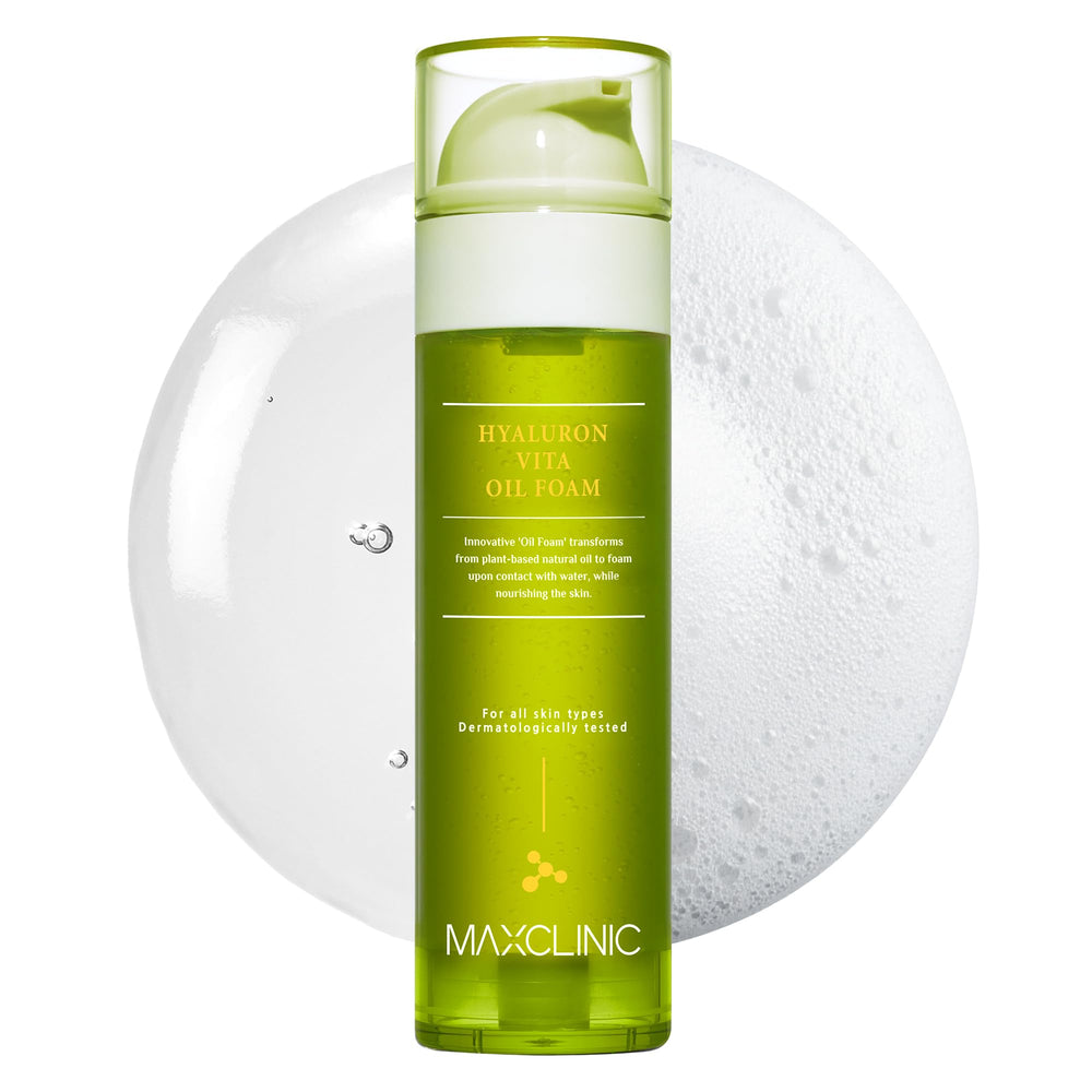 MAXCLINIC Hyaluron Vita Oil to Foam bottle poured for a gentle, hydrating cleanse on dry skin.