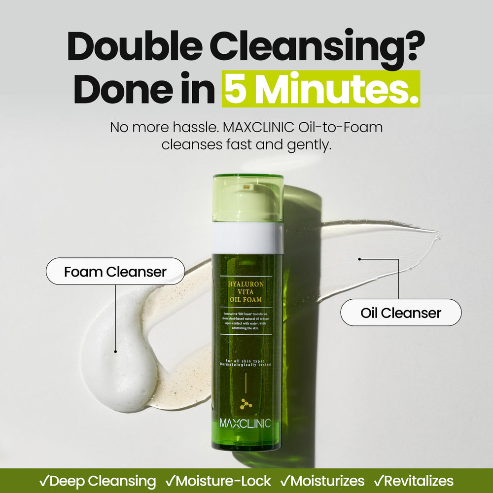 MAXCLINIC Hyaluron Vita Oil to Foam lather activation on wet skin for cleansing.