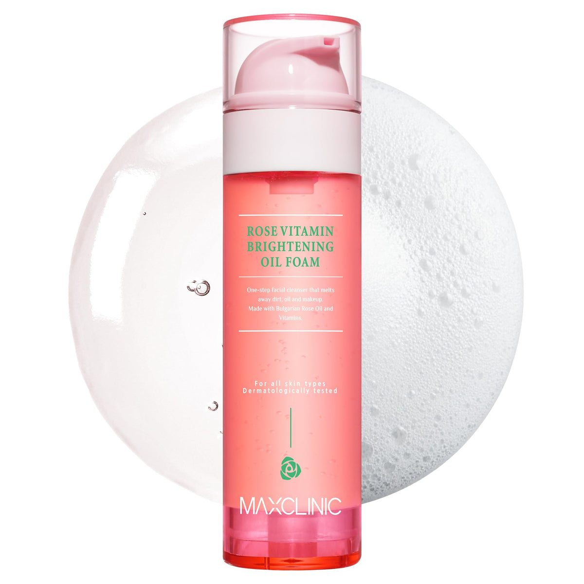 MAXCLINIC Rose Vitamin Oil to Foam bottle—makeup removal and hydrating cleanse.