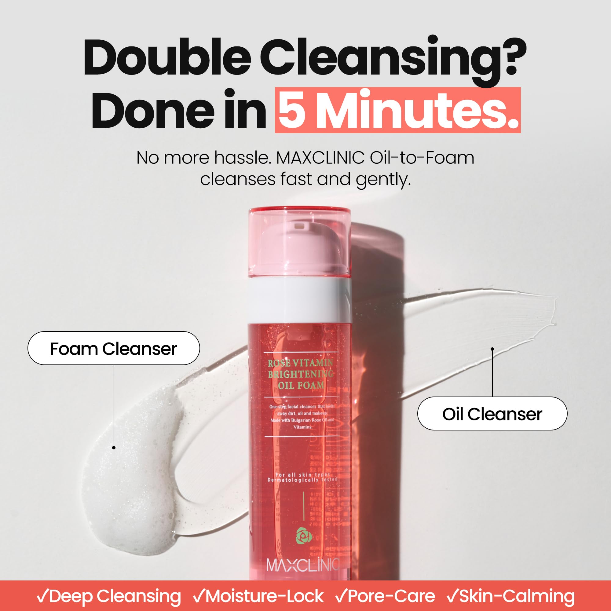 MAXCLINIC Rose Vitamin Oil to Foam pump activation—easy, convenient daily cleansing.