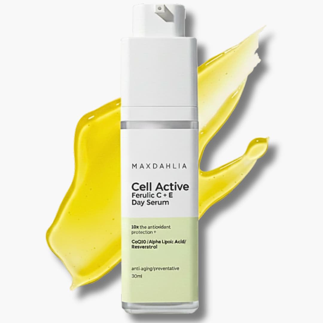 MAXDAHLIA Cell Active Vitamin C Day Serum bottle close-up showing radiant glow potential