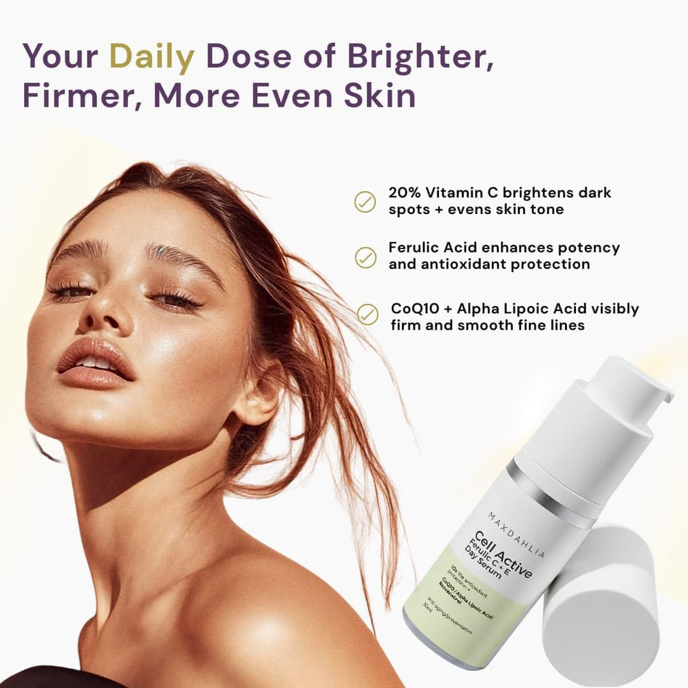 MAXDAHLIA serum dropper highlights 20% Vitamin C stability for daily use