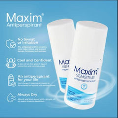 MAXIM antiperspirant packaging box highlights travel-friendly packaging and pack four.