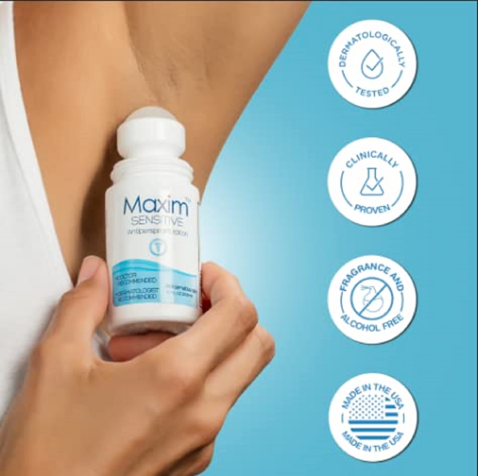 MAXIM fresh-odor-control graphic communicates all-day confidence and stay-dry benefits.